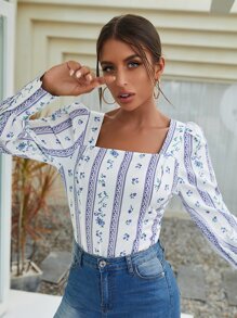 SHEIN 方領印花燈籠袖襯衫 - 彩色 - 查看 1