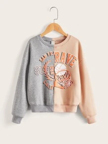 SHEIN Girls Basketball & Letter Graphic Drop Shoulder Two Tone Sweatshirt - Multicolor - View 1