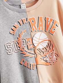 SHEIN Girls Basketball & Letter Graphic Drop Shoulder Two Tone Sweatshirt - Multicolor - View 4
