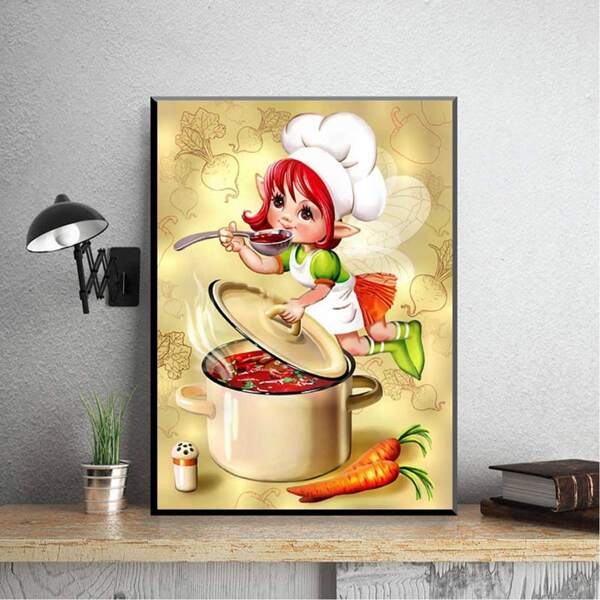 

Kitchen Elves Print DIY Diamond Unframed Painting, Multicolor
