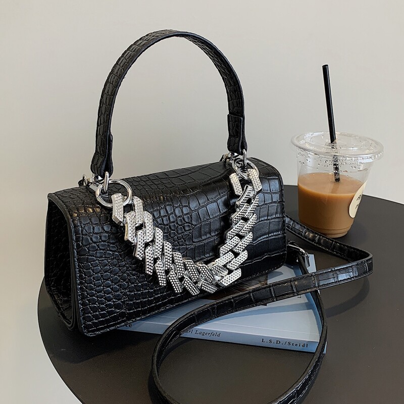 

Croc Embossed Satchel Bag, Black