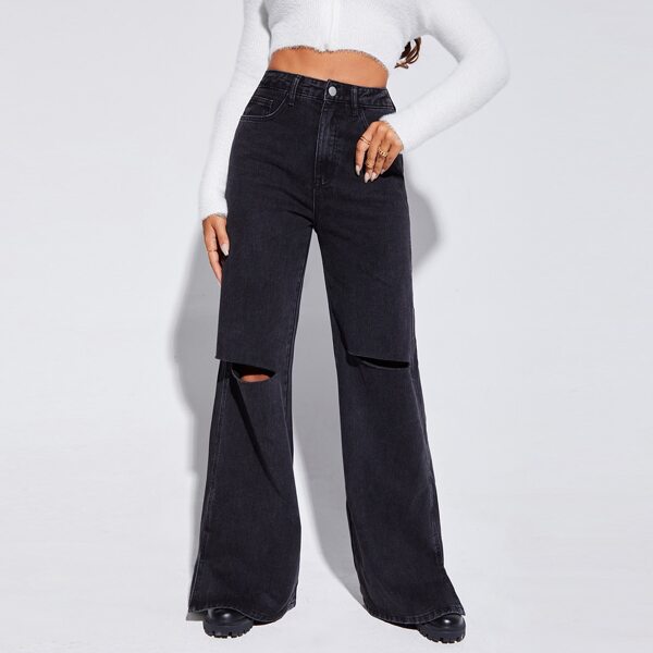 

High Waist Ripped Detail Wide Leg Jeans, Black
