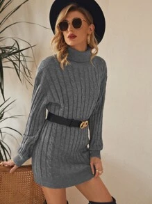 SHEIN Frenchy Turtle Neck Cable Knit Jumper Dress Without Belt - Grey - View 4