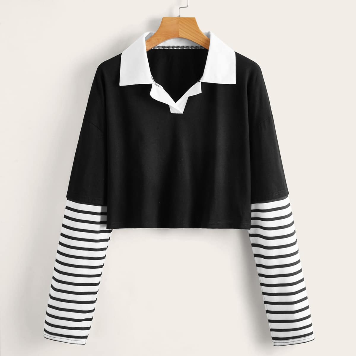 

Striped Contrast Collar Tee, Black