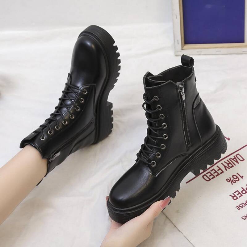 

Side Zipper Lace Up Front Combat Boots, Black