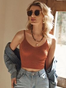 SHEIN Frenchy 羅紋短款針織吊帶上衣 - 亮橙色 - 查看 1