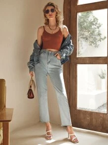 SHEIN Frenchy 羅紋短款針織吊帶上衣 - 亮橙色 - 查看 4