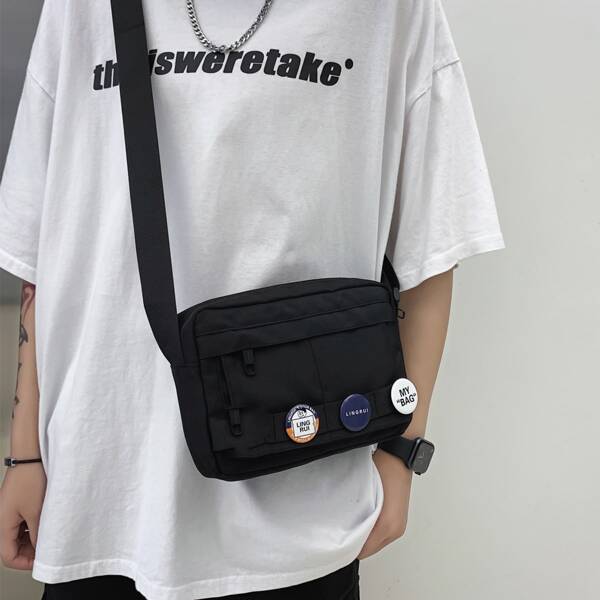 

Men Random Badge Crossbody Bag, Black