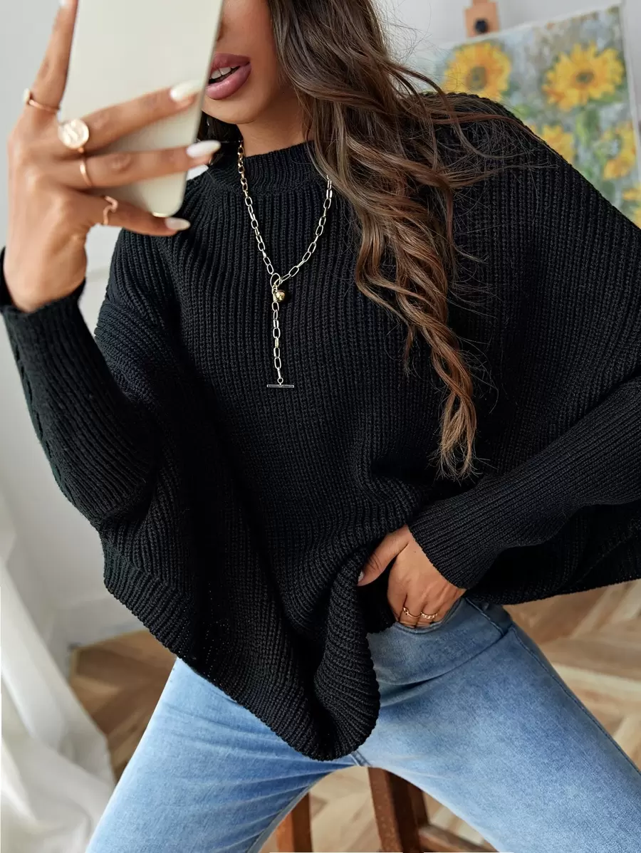 SHEIN Batwing Sleeve Knit Poncho - Black - View 1