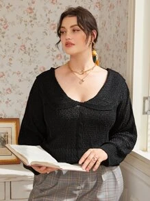 Plus Solid Cutout Tie Back Peter Pan Collar Jumper - Black - View 2