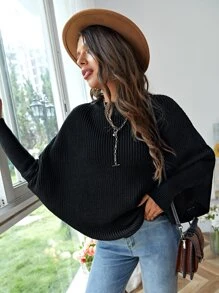 SHEIN Batwing Sleeve Knit Poncho - Black - View 3