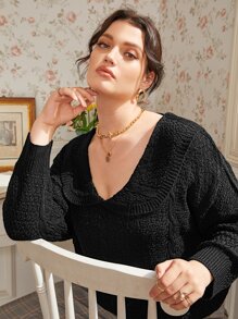 Plus Solid Cutout Tie Back Peter Pan Collar Jumper - Black - View 4