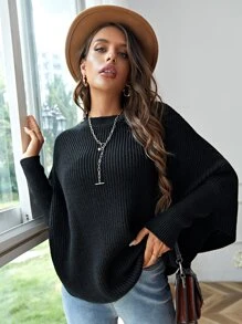 SHEIN Batwing Sleeve Knit Poncho - Black - View 5