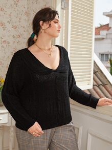 Plus Solid Cutout Tie Back Peter Pan Collar Jumper - Black - View 5