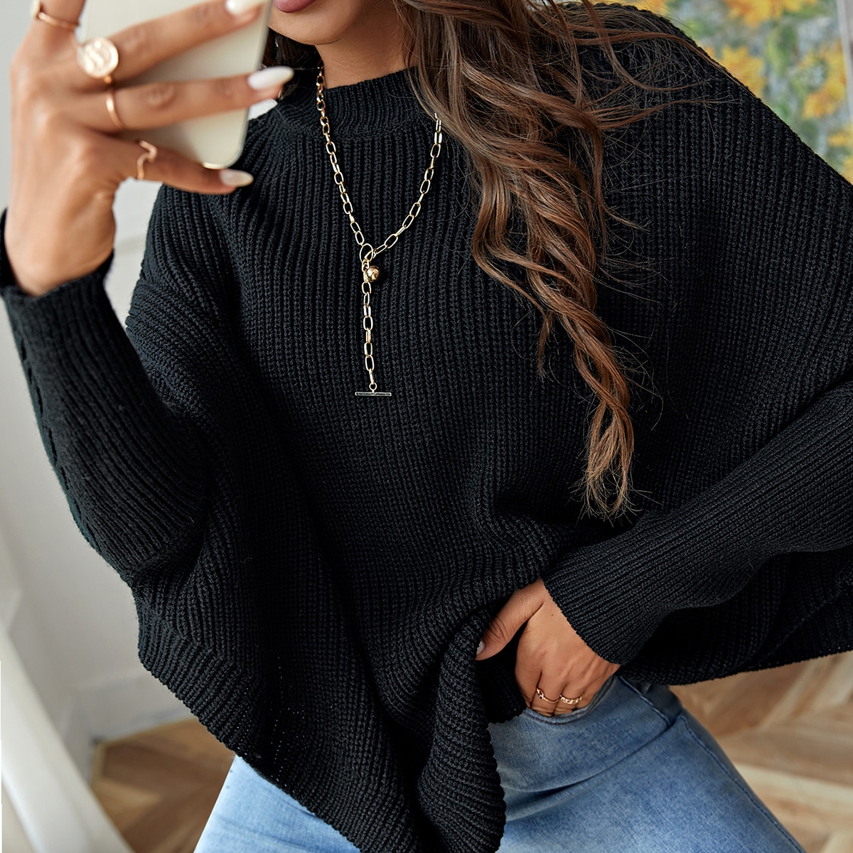 Пончо с рукавами "летучая мышь" вязаный