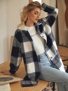 SHEIN Frenchy 格紋印花落肩袖花呢外套 - 彩色 - 查看 1