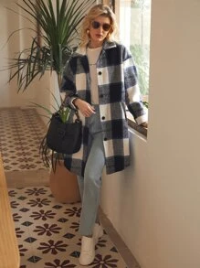 SHEIN Frenchy 格紋印花落肩袖花呢外套 - 彩色 - 查看 5