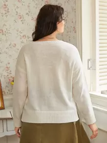 SHEIN Unity Plus Eyelash Lace Trim Split Hem Drop Shoulder Jumper - White - View 2