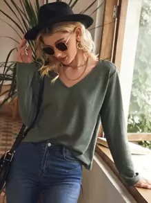 SHEIN Frenchy Waffle Knit V Neck Tee Winter Green - Army Green - View 1