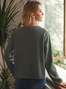 SHEIN Frenchy Waffle Knit V Neck Tee Winter Green - Army Green - View 2