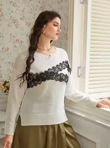 SHEIN Unity Plus Eyelash Lace Trim Split Hem Drop Shoulder Jumper - White - View 4