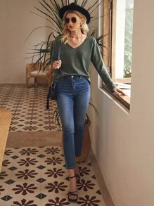 SHEIN Frenchy Waffle Knit V Neck Tee Winter Green - Army Green - View 5