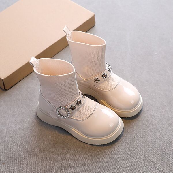 

Girls Buckle Detail Metal Decor Sock Boots, Beige