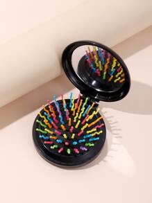 1 pieza Cepillo de pelo multifuncional con aguja de color negro, 1 pieza Espejo plegable clásico redondo de plástico portátil 2 en 1 para uso en húmedo y seco, apto para todo tipo de cabello, cepillo de pelo/peine - Negro - Ver 1