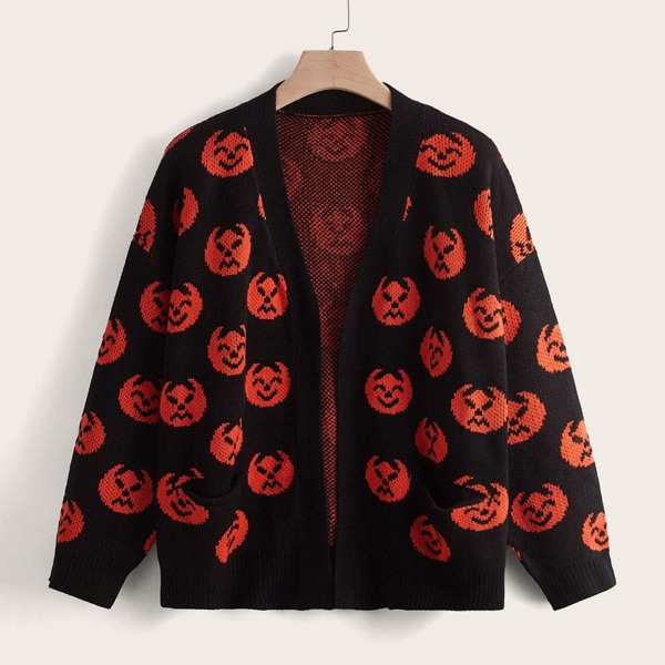 

Plus Halloween Pumpkin Pattern Drop Shoulder Cardigan, Multicolor