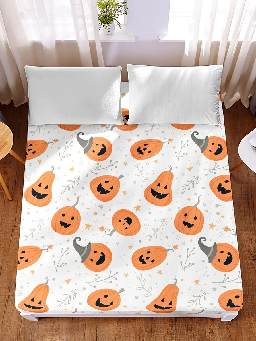 Halloween Pumpkin Print Fitted Sheet - Multicolor - View 1