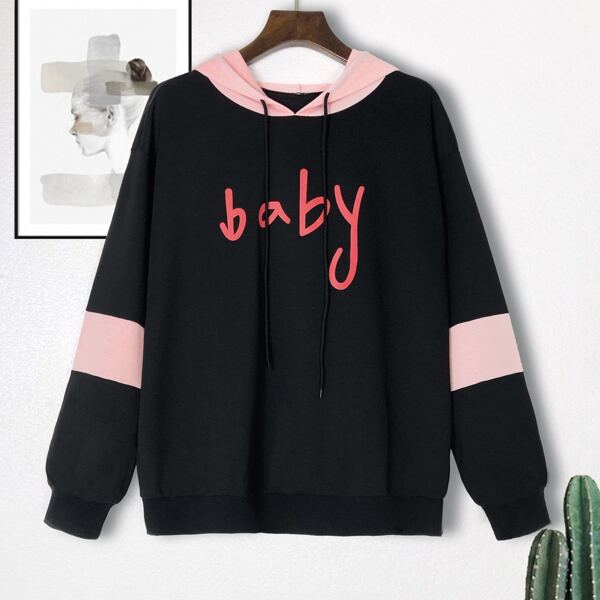 

Plus Colorblock Letter Graphic Drawstring Hoodie, Black