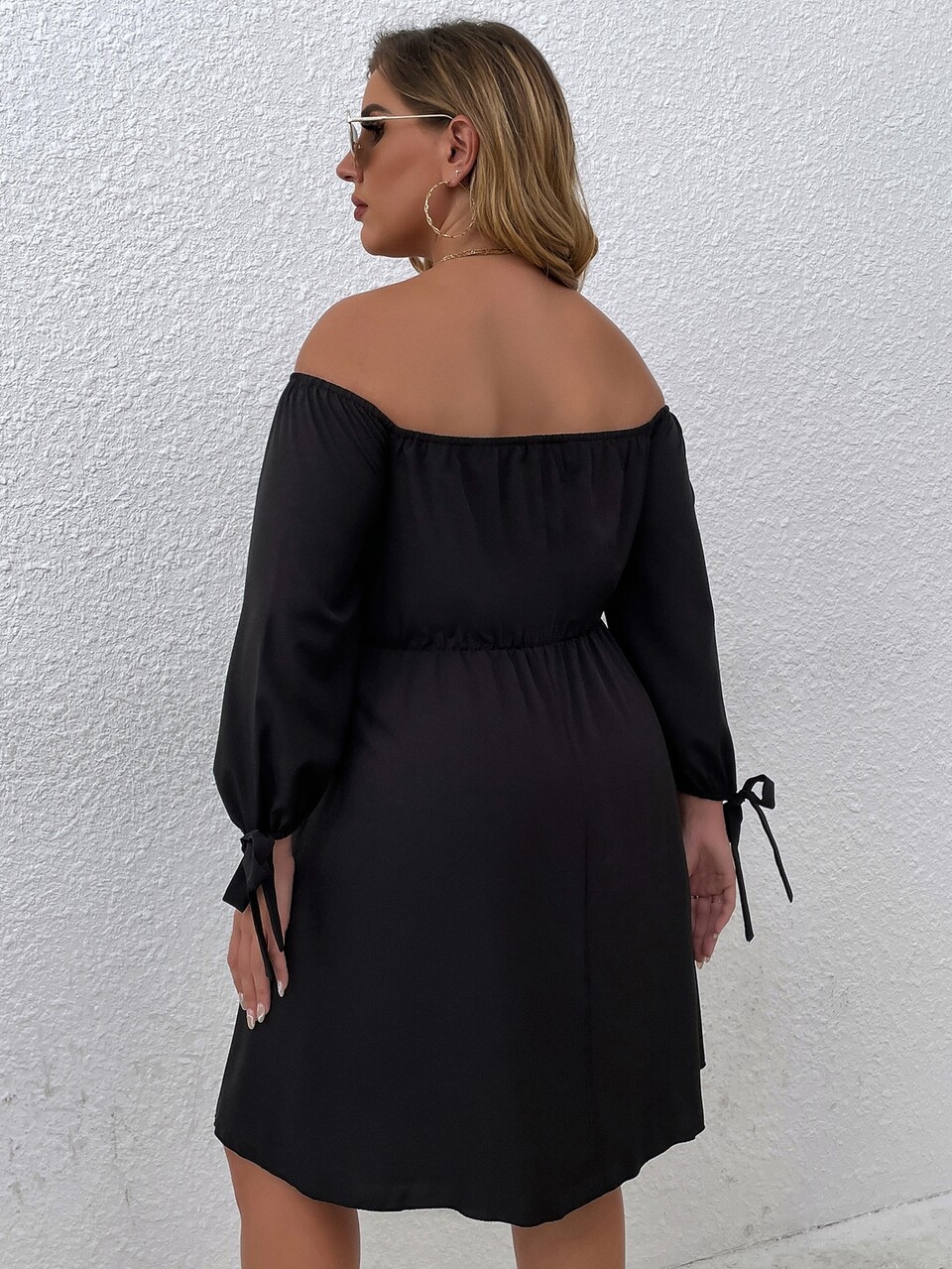 Plus Flower Embroidered Applique Off Shoulder Tie Cuff Dress