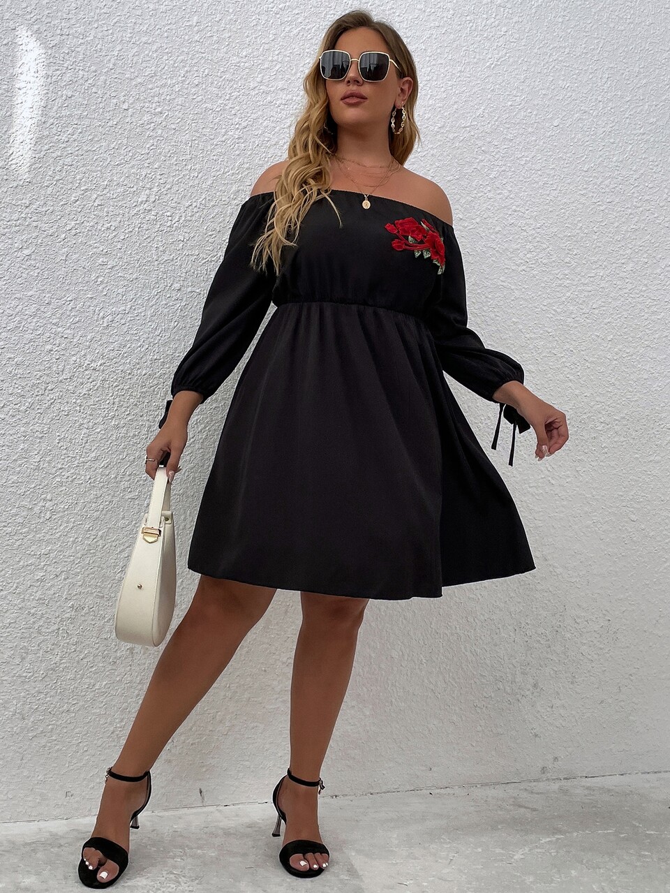 Plus Flower Embroidered Applique Off Shoulder Tie Cuff Dress