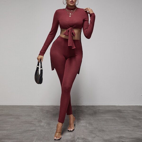 

Mock Neck Ribbed Knit Tie Front Top & Leggings, Burgundy