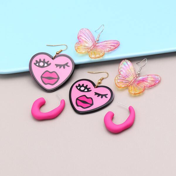 

3pairs Girls Butterfly Drop Earrings, Multicolor