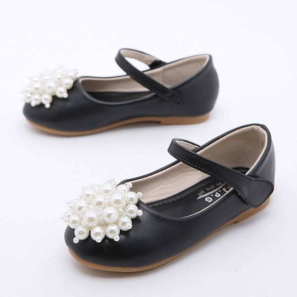 

Girls Faux Pearl Decor Velcro Strap Flats, Black