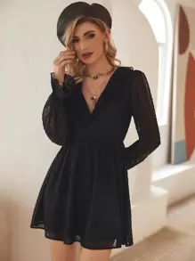 EURMUSE 圓點荷葉邊荷葉袖洋裝 - 黑色 - 查看 1