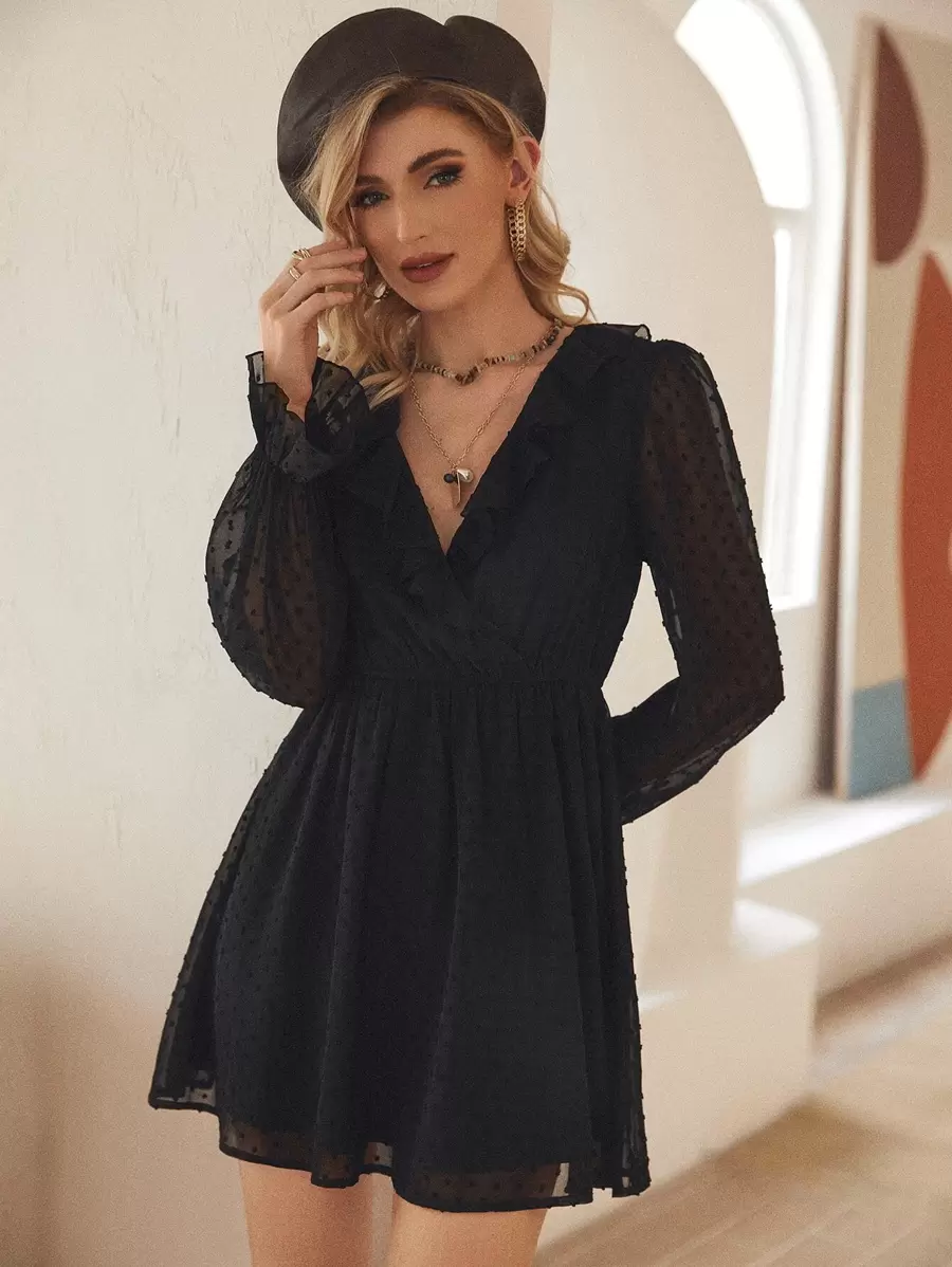 EURMUSE 圓點荷葉邊荷葉袖洋裝 - 黑色 - 查看 1