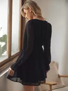 EURMUSE 圓點荷葉邊荷葉袖洋裝 - 黑色 - 查看 2