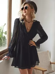 EURMUSE 圓點荷葉邊荷葉袖洋裝 - 黑色 - 查看 4