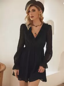 EURMUSE 圓點荷葉邊荷葉袖洋裝 - 黑色 - 查看 5