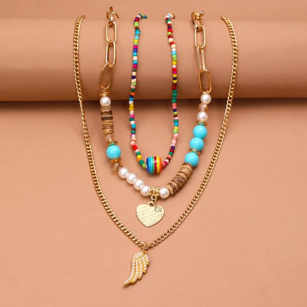 

3pcs Girls Heart Charm Beaded Necklace, Multicolor