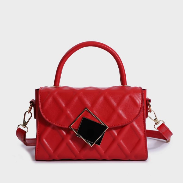 

Minimalist Embossed Metal Decor Satchel Bag, Red