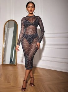 SHEIN SXY 蜘蛛網網紗薄透不附內衣洋裝 - 黑色 - 查看 1