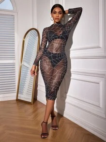 SHEIN SXY 蜘蛛網網紗薄透不附內衣洋裝 - 黑色 - 查看 3