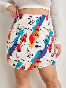 SHEIN Plus Figure & Brush Print Skirt - Multicolor - View 1