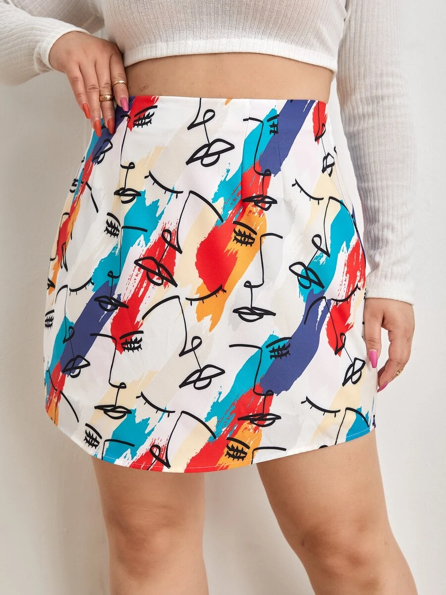 SHEIN Plus Figure & Brush Print Skirt - Multicolor - View 1