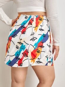 SHEIN Plus Figure & Brush Print Skirt - Multicolor - View 2