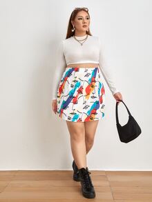 SHEIN Plus Figure & Brush Print Skirt - Multicolor - View 3