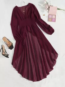 Mulvari Plunge Neck Lantern Sleeve High Low Hem Top - Maroon - View 1